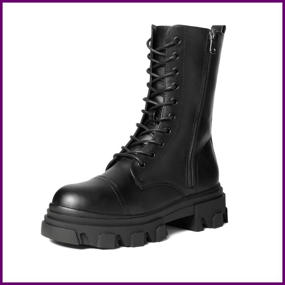 Women's Combat Boots Lace Up Mid Calf Low Heel Chunky Platform Lug Sole